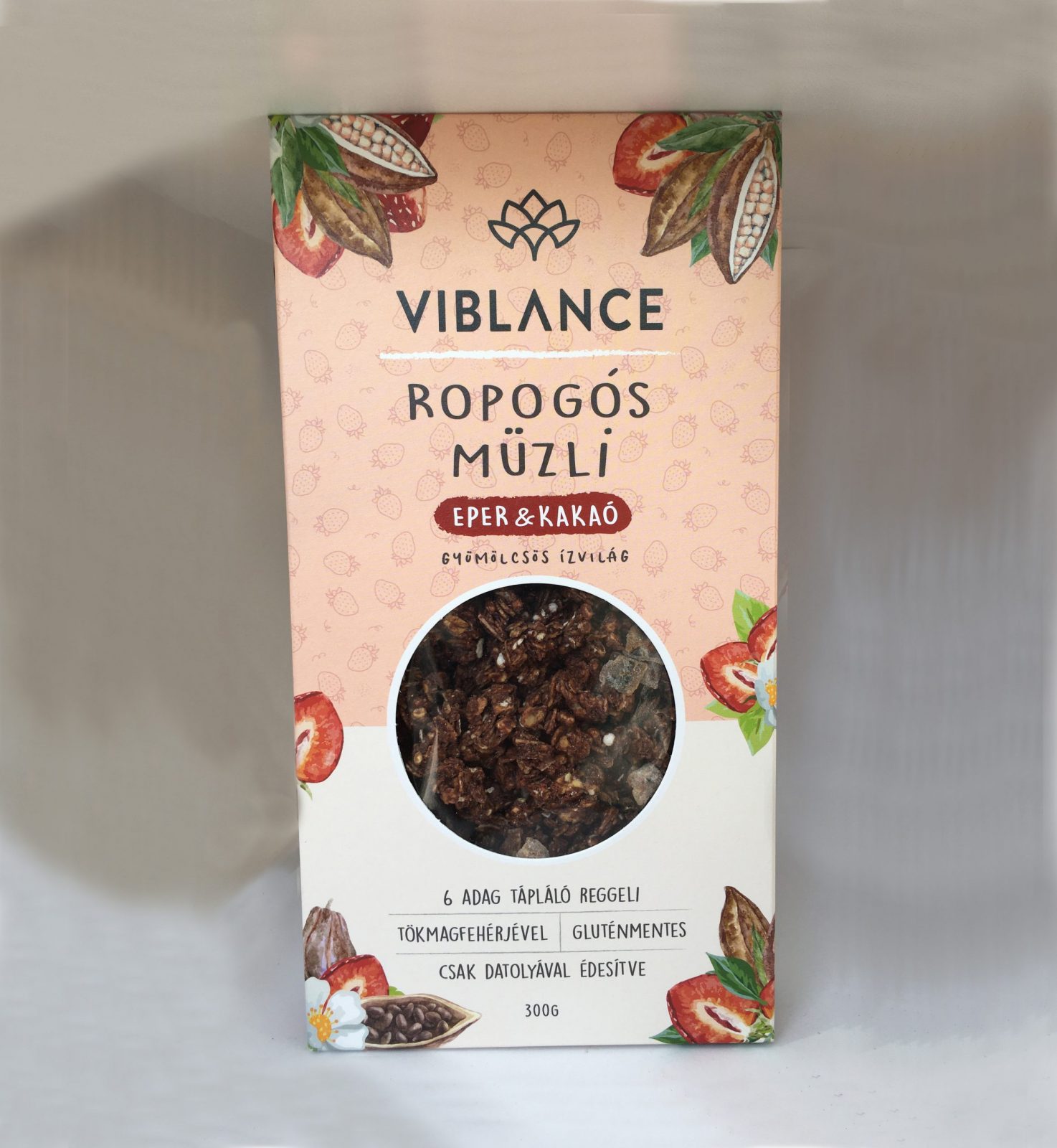 VIBLANCE Bezlepkové chrumkavé müsli – jahoda a kakao 300 g (6 porcií)