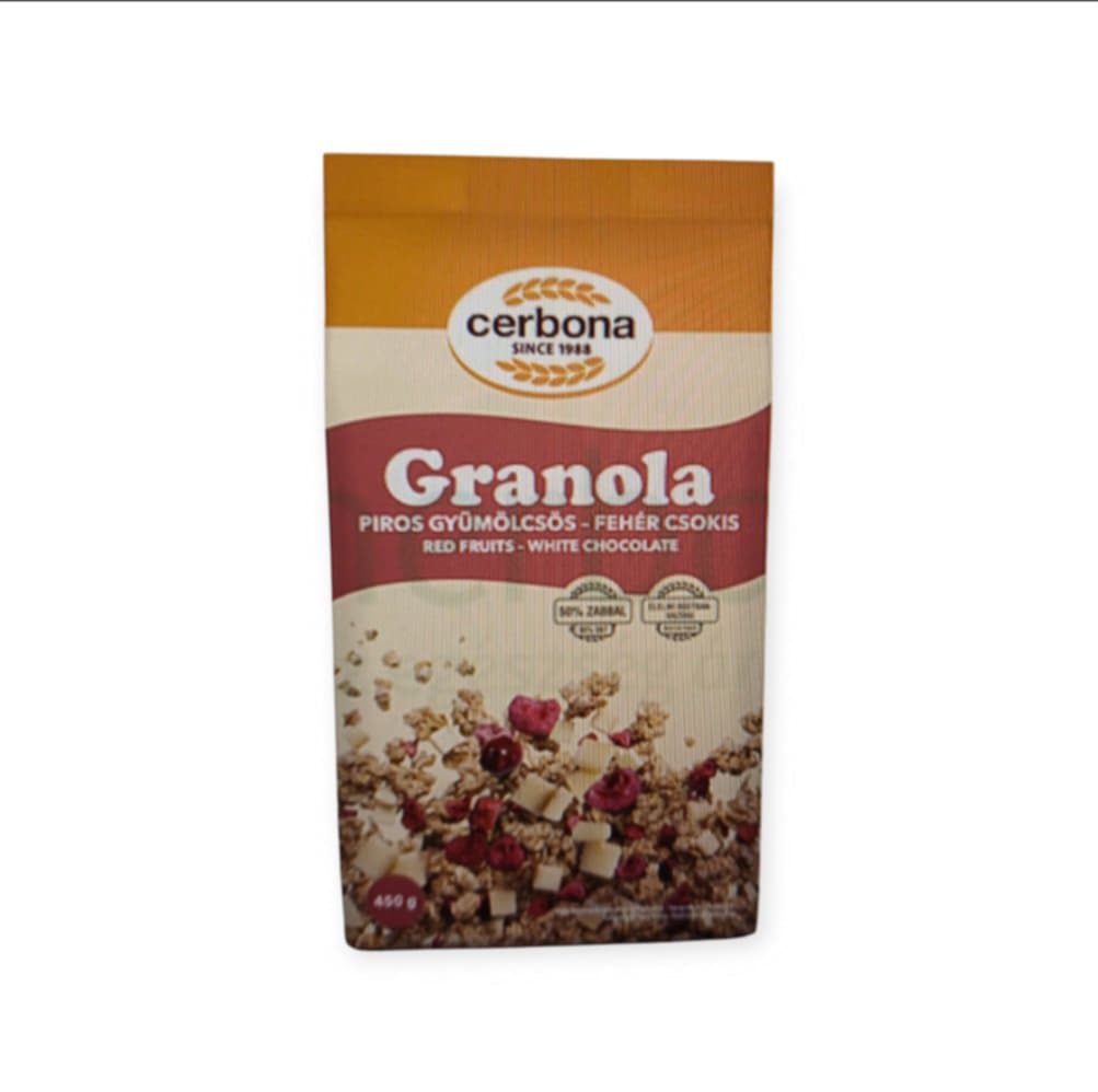 CERBONA ČERVENÁ OVOCNO-BIELA ČOKOLÁDOVÁ GRANOLA 450G