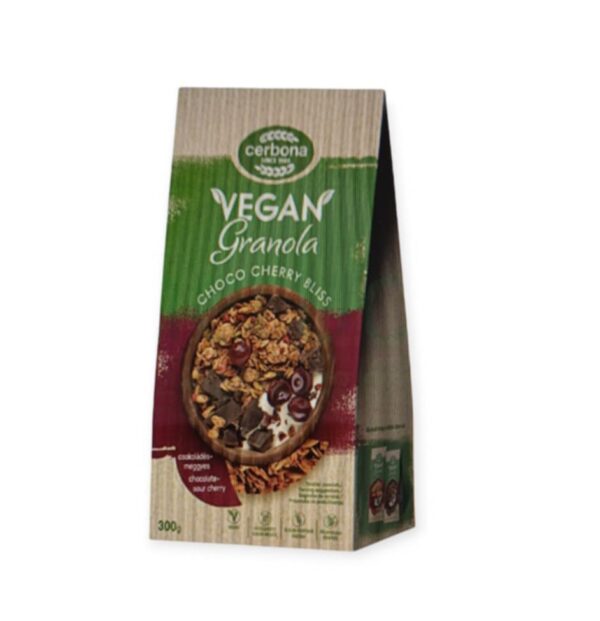 CERBONA VEGÁNSKA ČOKOLÁDOVO-ČEREŠŇOVÁ GRANOLA BEZ PRIDANÉHO CUKRU 300G – Obrázok 2
