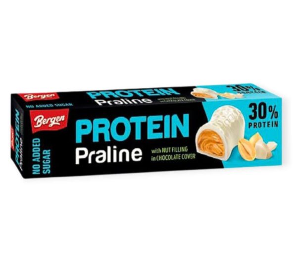 BERGEN PROTEÍNOVÁ PRALINKA S PRÍCHUŤOU BIELEJ ČOKOLÁDY LIESKOVÝCH ORIEŠKOV HCN 50G – Obrázok 2