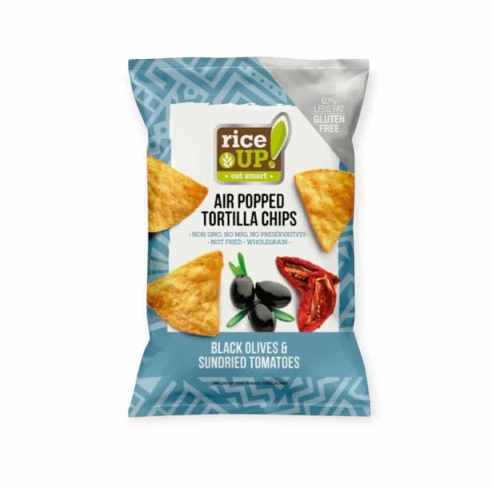 BEZLEPKOVÉ TORTILLA CHIPSY S PRÍCHUŤOU ČIERNYCH OLÍV A PARADAJOK - 60G
